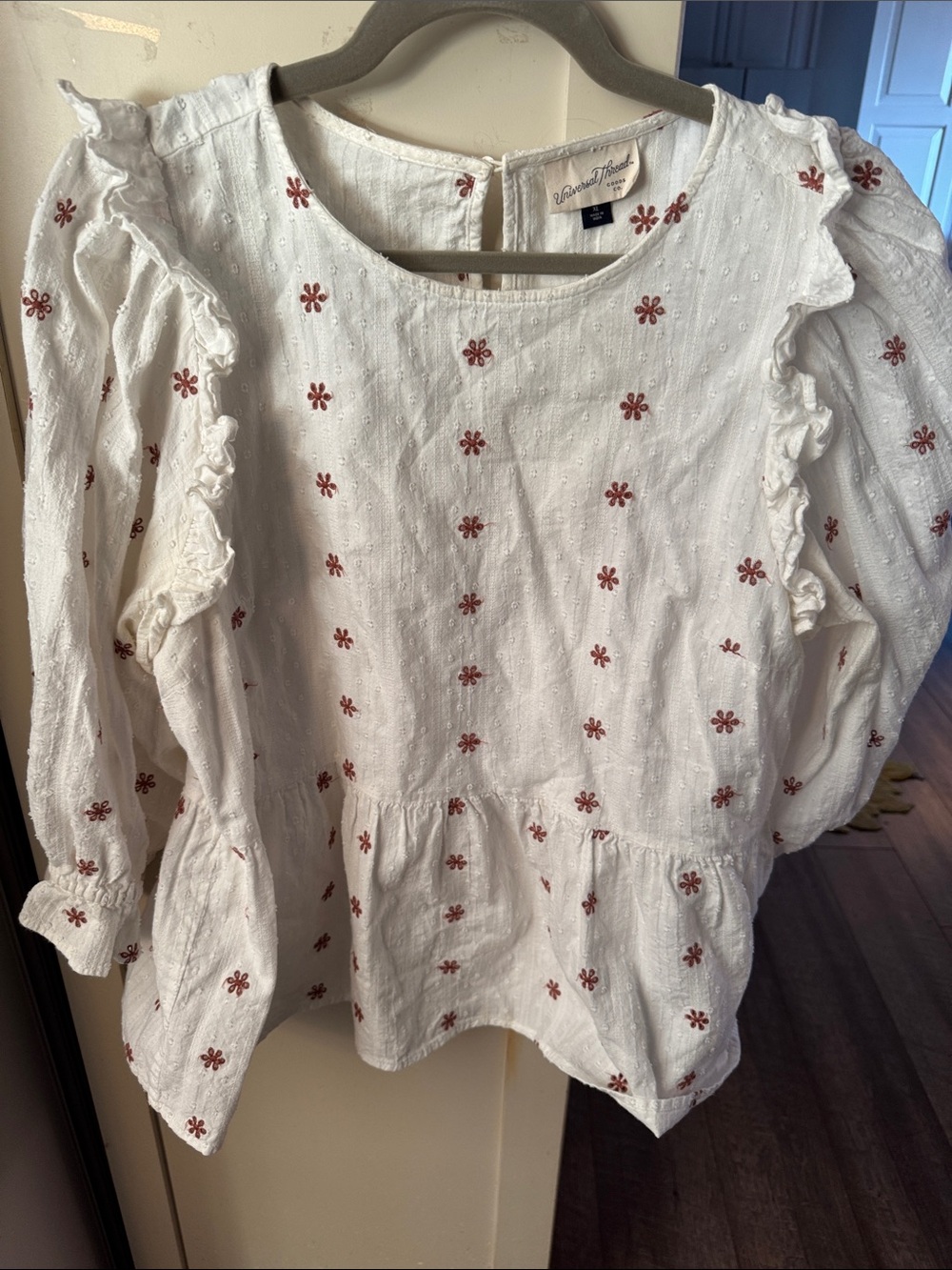 Universal Thread White Peasant Blouse with Red Floral Embroidery